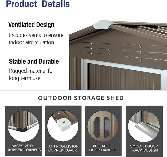 ALAULM 8'x6' Outdoor Storage Shed Outdoor Galvanized Metal Tool Shed with Vents & Sliding Door, Waterproof Garden Shed for Patio,Lawn,Backyard to Store Bikes,Tools-Brown