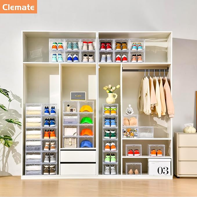 Clemate Upgraded X-Large Shoe Organizer,Shoe Storage Organizer,12 Pack,Shoe Box Clear Plastic Stackable,Drop Front Shoe Box with Clear Door, Shoe Containers For Sneaker Display,Fit up to US Size13