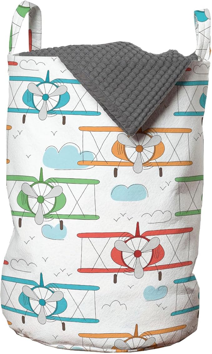 Ambesonne Airplane Laundry Bag Pack of 2, Vintage Single Engine Biplanes in Colorful Sketch Style Aviation Theme, Hamper Basket with Handles Drawstring Closure, 13" x 19", Pale Blue