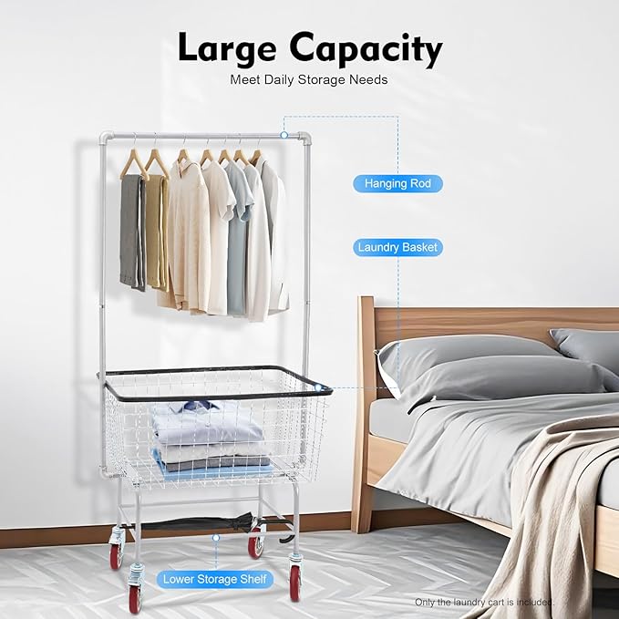 67"H Laundry Cart, Rolling Laundry Basket with Hanging Rack & Wheels, Metal Steel Wire Clothes Hamper with Storage Shelf for Homes, Hotels, Bathrooms & Commercial Laundry, 110lbs Capacity(B)