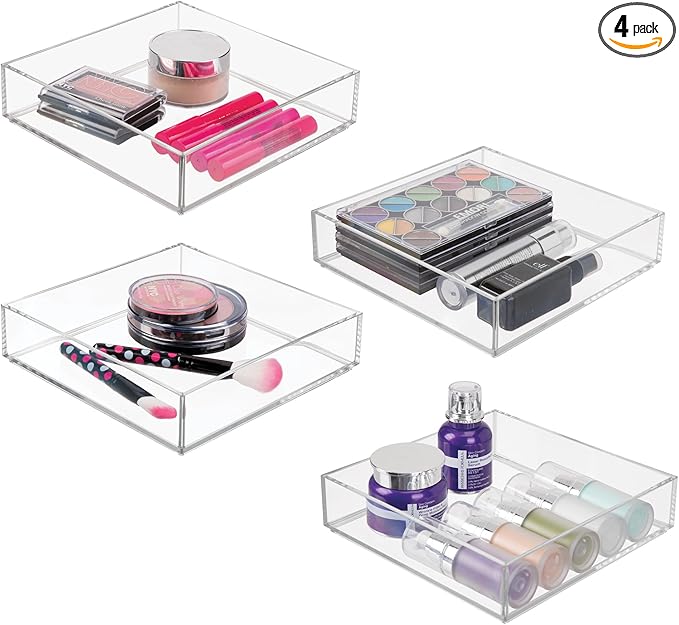iDesign Stackable Makeup Drawer Organizer Tray - Vanity Organizer or Desk Organizer, Set of 4, Clear