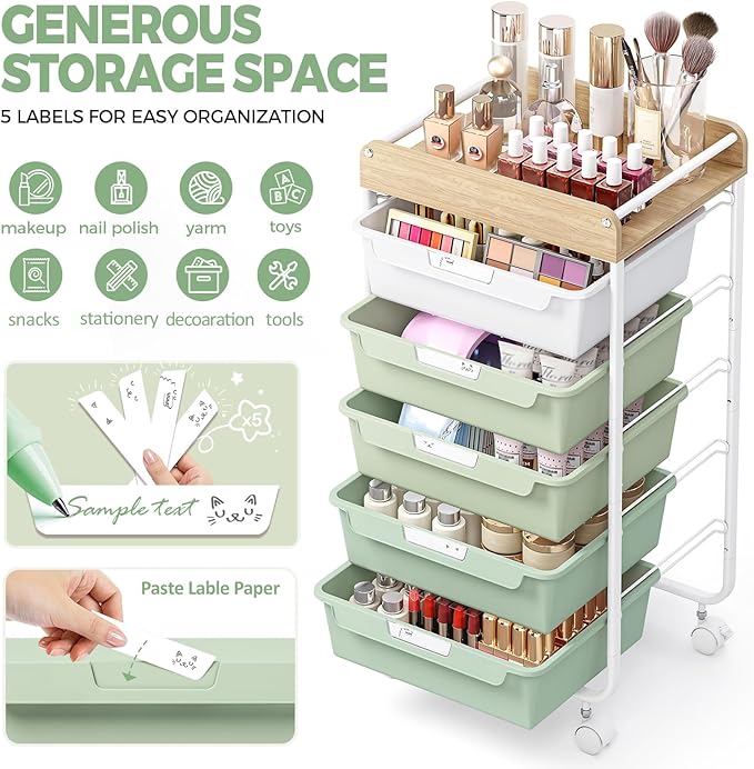 Utility Cart with Drawers,Craft Cart with 5 Drawers,Art Supply Organizer,Rolling Drawer Cart,Craft Storage Cart,Storage Drawer Carts With DIY Lable and Wooden Tabletop Area,Green