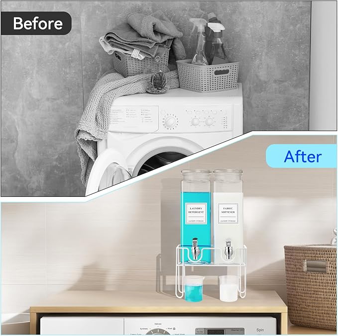 2 Pack Glass Laundry Detergent Dispenser with Stand, Laundry Soap & Fabric Softener Dispenser for Laundry Room Organization and Storage, 76oz Laundry Liquid Containers with Labels, Measuring Cups