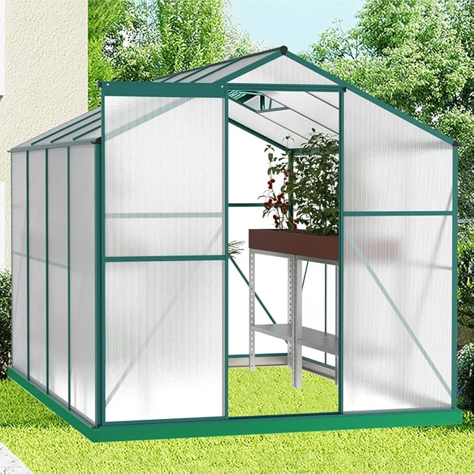 Outdoor Polycarbonate Greenhouse with Aluminum Frame, Walk-in Garden Green House Featuring Lockable Door, Adjustable Roof Vent, and UV-Protected Panels for Backyard or Patio Use (6x8 FT-1)