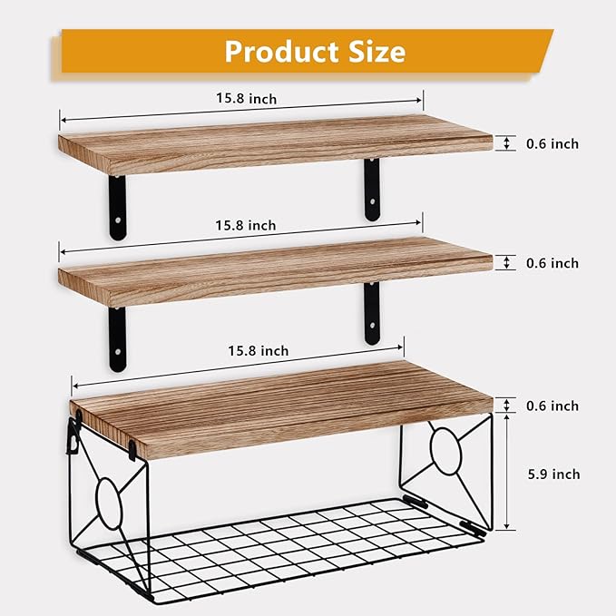 Bathroom Shelves Over Toilet Set of 3, 15.8 inch Floating Shelf with Storage Basket, Floating Shelves for Wall, Wood Wall Mounted Shelf for Bathroom Living Room Bedroom Kitchen, Rustic Brown
