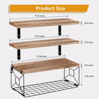 Bathroom Shelves Over Toilet Set of 3, 15.8 inch Floating Shelf with Storage Basket, Floating Shelves for Wall, Wood Wall Mounted Shelf for Bathroom Living Room Bedroom Kitchen, Rustic Brown