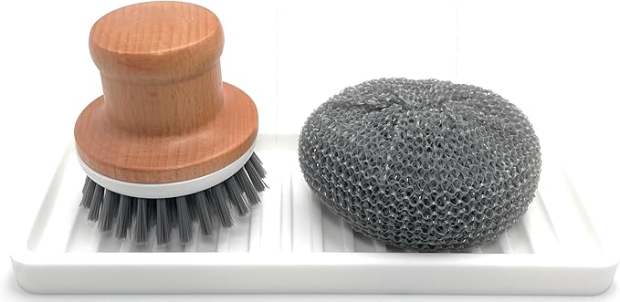 Happitasa Silicone Kitchen Sink Organizer Tray, Sponge Holder and Countertop Protector | Bathroom and Kitchen Soap Dish and Dispenser Tray (White, 9"x3.5", 5.6 Ounces)