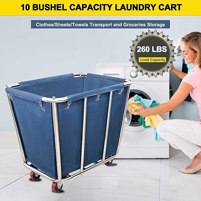 Commercial Laundry cart with wheels,10 Bushel Large Industrial Rolling Laundry Hamper with Waterproof Lining,Home Heavy Duty Laundry Baskets with Stainless Steel Frame, 260 LBS Load