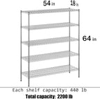 18" Deep x 54" Wide x 64" Height Wire Shelving Kit | 5-Tier | NSF Commercial Storage Rack Unit