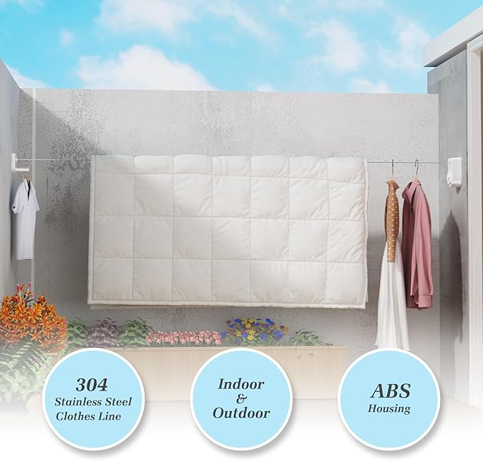Danpoo Retractable Clothesline for RV, Laundry Room & Outdoor Yard - Heavy Duty Anti-Sag Wall Mounted Clothes Drying Line with Stainless Steel Rope