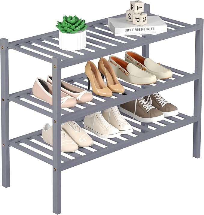 3 Tier Bamboo Shoe Rack for Closet Free Standing Wood Shoe Shelf Storage Organizer for Entryway Small Space Stackable 27"x11"x20" (Grey)