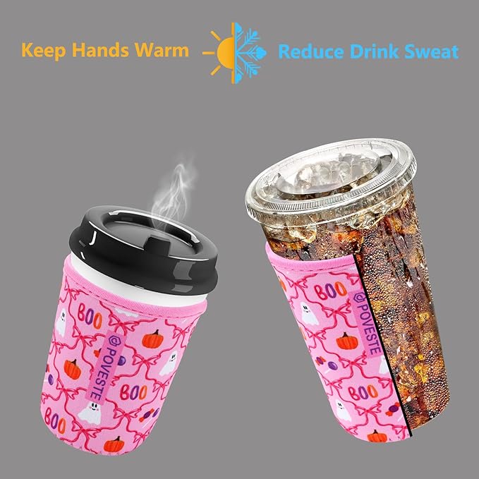Reusable Neoprene Insulator Sleeve for Iced Coffee & Cold Soda, Coffee Sleeves for Iced & Hot Drinks, Cold Beverage Cooler Compatible with Starbucks, Dunkin (Bow Halloween, Small: 16-18oz)