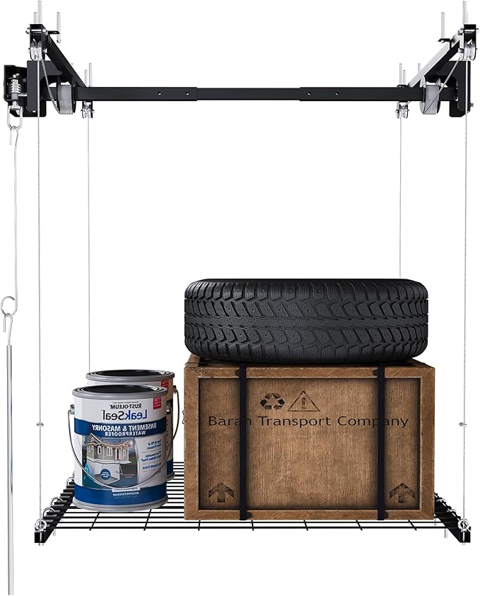 Hanging Garage Ceiling Storage Racks, Adjustable Overhead Garage Storage Lift, Mounted 4×4 FT Heavy-Duty Steel Platform for High Ceilings 10–12 FT, Supports 250 lbs for Everyday Use