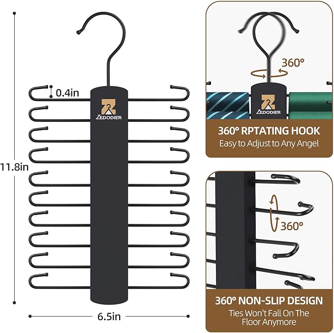 ZEDODIER Tie Hanger with 20 Hooks, Space Saving Necktie Organizer for Men, Large Capacity Tie and Belt Wooden Hanger for Closet, Black