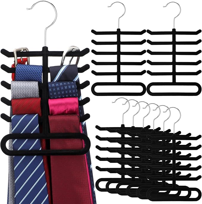Kathfly 8 Pcs Non-Slip Velvet Tie Hanger for Closet, 360 Degree Swivel Space Saving Tie Rack Organizer for Men Bulk, Necktie Belt and Scarves Hanger for Closet, Black Flocked
