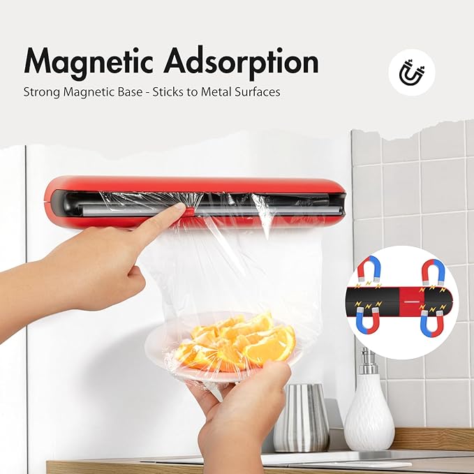 Aluminum Foil & Plastic Wrap Dispenser with Cutter - Easy One-Hand Operation, Space-Saving Kitchen Organizer for Worktops & Cabinets, Magnetic Cling Film Dispenser - Fits 12" Rolls, Red