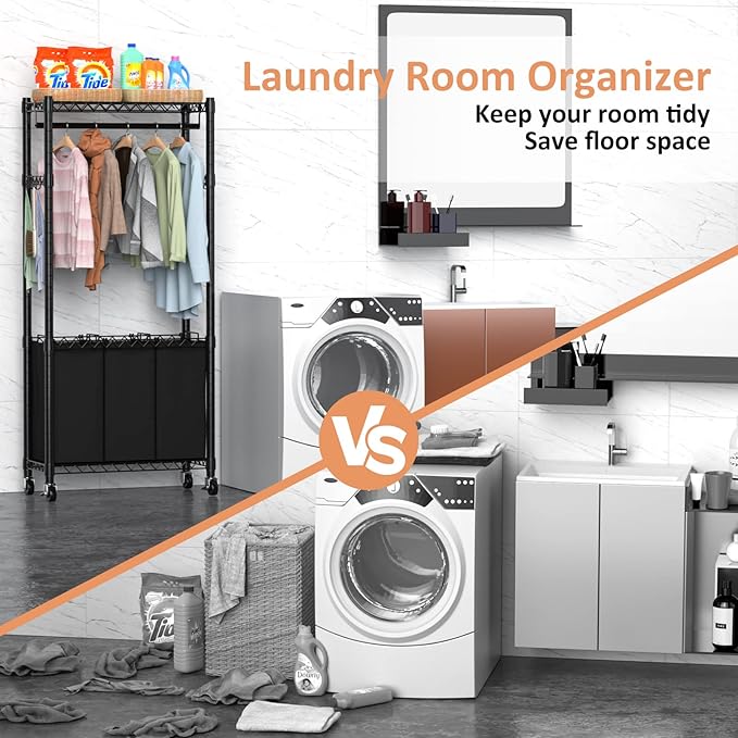 Rolling Laundry Basket Organizer with Wheels and Hanging Bar, Laundry Hamper Cart Laundry Sorter 3 Section, Dirty Clothes Hampers for Laundry Bedroom Bathroom w/ 3 Removable Bags, Black