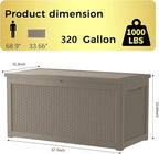 Outdoor Storage Box Waterproof, 320 Gallon Lockable Resin Deck Box Large, Patio Storage Bin for Pool Accessories Cushion Furniture, Garden Tools, UV-Resistant Outside Delivery Grey