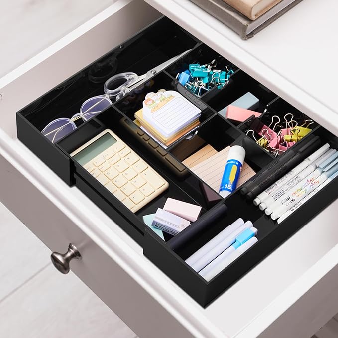 1 Pcs Acrylic Desk Drawer Organizer 9'' up to 18'' x 12'' x 2.1'' Expandable Drawer Organizer Trays with 8 Adjustable Compartments Black Desk Accessories for Makeup Office Bathroom