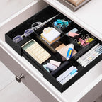 1 Pcs Acrylic Desk Drawer Organizer 9'' up to 18'' x 12'' x 2.1'' Expandable Drawer Organizer Trays with 8 Adjustable Compartments Black Desk Accessories for Makeup Office Bathroom
