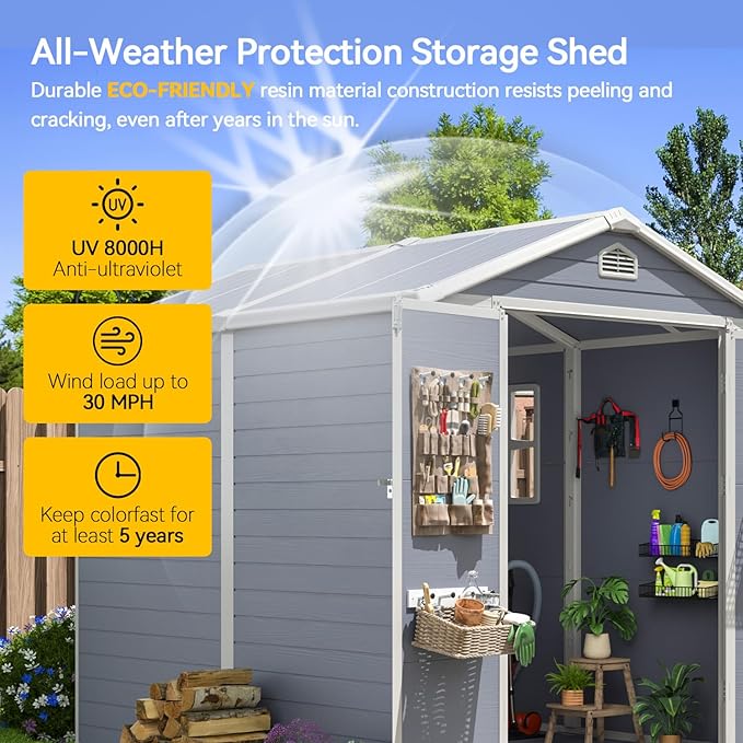 Aoxun 6x8 FT Outdoor Storage Shed, Plastic Garden Resin Shed with Floor and Window for Patio, Lawn, Outdoor Storage with Lockable Door for Bike, Garbage Can, Tools, Grey