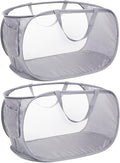 2 Pack Durable Collapsible Laundry Baskets - Reinforced Mesh Pop Up Laundry Hamper with Pocket, Foldable Dirty Clothes Hamper with Carry Handles for Laundry, Bathroom, Kids Room, Dorm or Travel Grey