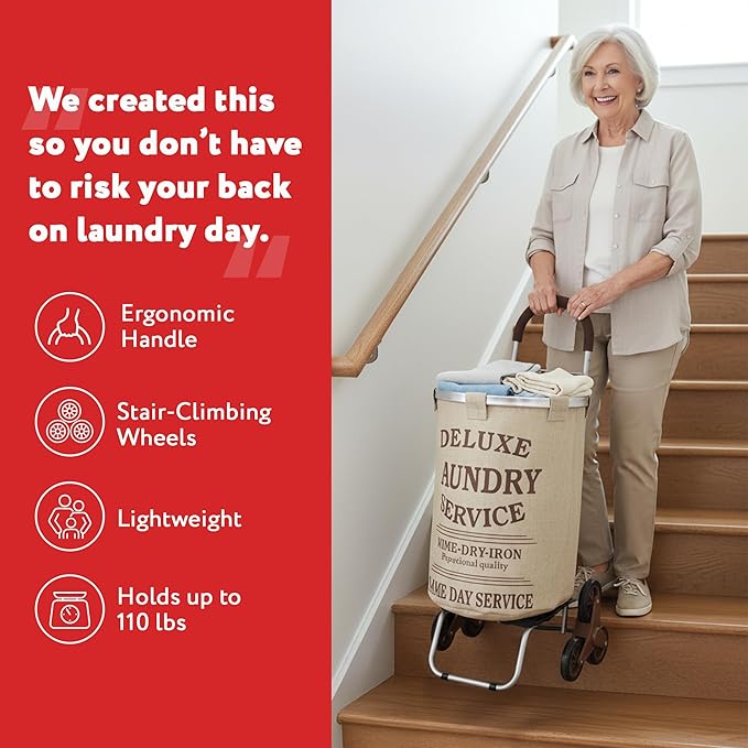 dbest products Stair Climber Laundry Trolley Dolly, Beige Laundry Bag Hamper Basket cart with wheels sorter