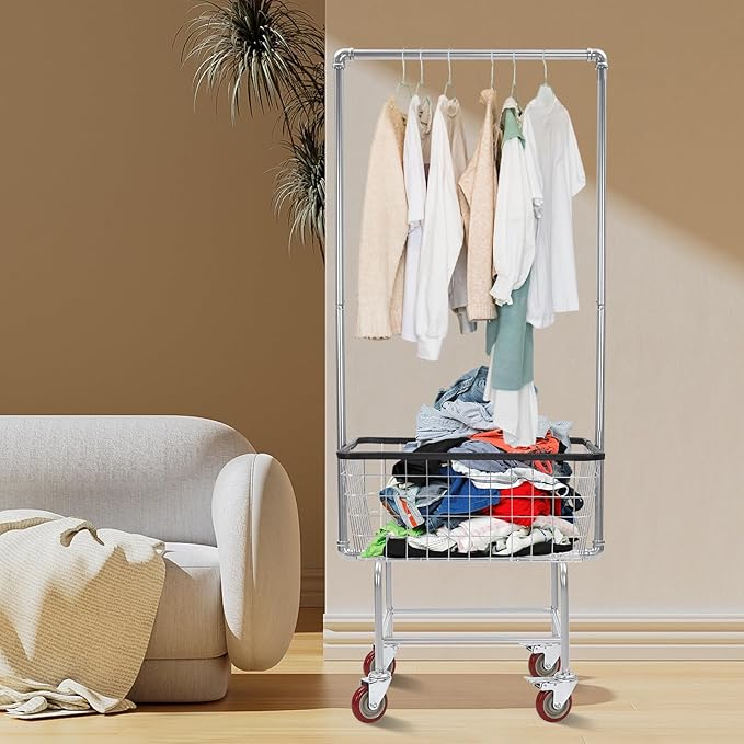 Steel Wire Laundry Cart with Wheels, Heavy Duty Rolling Laundry Basket with Hanging Rack, Large Metal Storage Cart for Laundry, Clothes, Towels, Bathroom, Commercial Laundry Organizer (Style1)