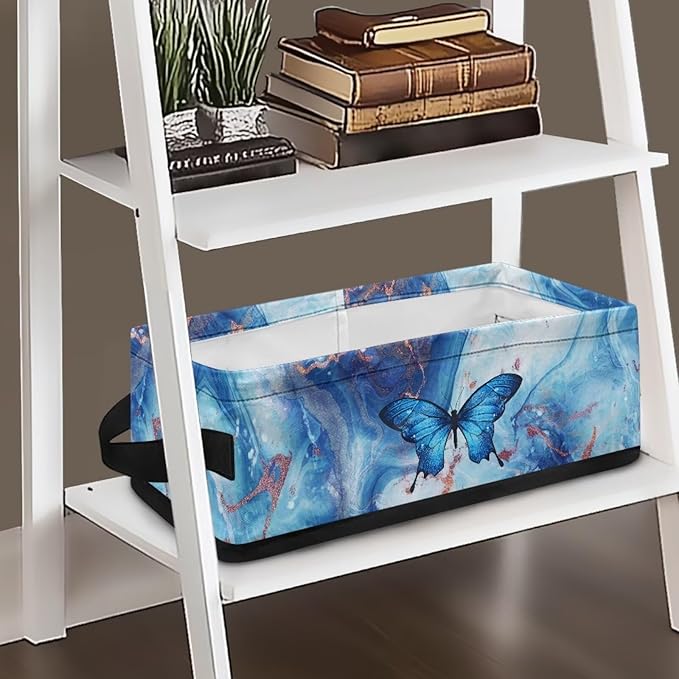 Bathroom Storage Bin Narrow Organizer Versatile Storage Basket for Countertops Vanities Shelves Stylish Rectangle Storage Box for Toilet Paper Towels, Blue Marble Butterfly