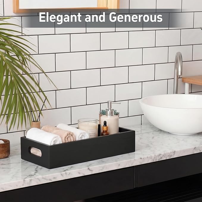 2 Pcs Bathroom Basket Wooden Toilet Tank Paper Basket with Handle Black Bathroom Decor Box Back of Toilet Storage Organizer for Bedroom Vanity Kitchen Countertop Dresser Shelf Decor