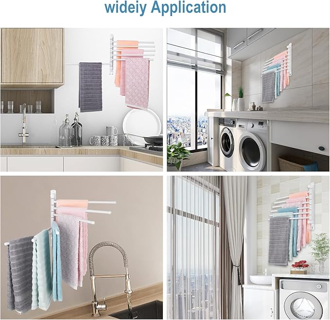 6-Arm Stainless Steel Swivel Towel Rack with Hook: Wall-Mounted, Rustproof Space-Saver for Bathroom & Kitchen-180° Rotation, 14kg Capacity(White)