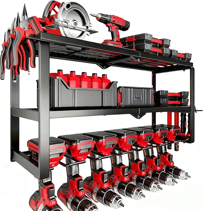 Power Tool Organizer Wall Mount, 150Lbs 3 Layer Metal Tool Storage Rack with 7 Cordless Drill Holder Heavy Duty, Battery Drills Storage Tool Organizer for Workshop,Garage,Tool Room,Pegboard