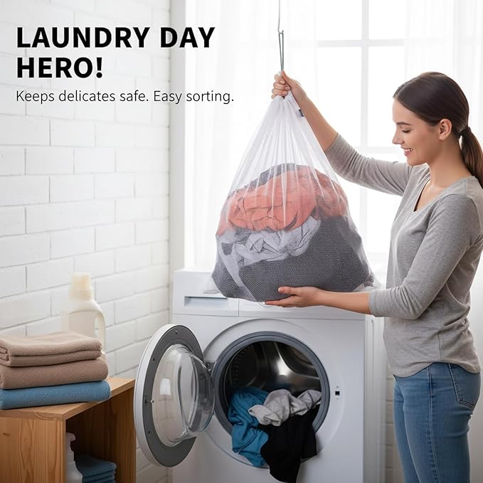 Kimmama XL Large Mesh Laundry, Heavy Duty Big Hole Coarse Mesh Bag with Drawstring Strap,24 x 36" White Travel Storage Bag for Clothes,Camping,Laundromat,Dorm,College,Carrying