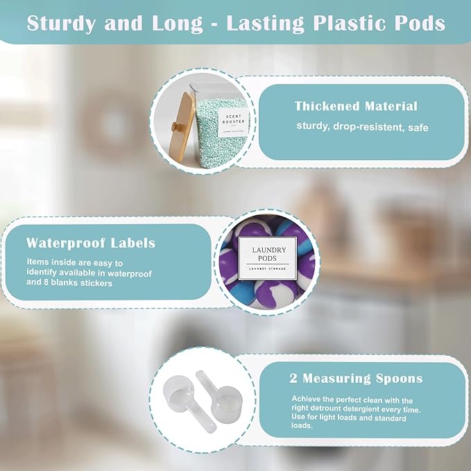 4 packs Laundry Pod Containers for Storage & Organization, Solution featuring Powder Laundry Detergent Container & dryer sheets with bamboo lids and labels. Includes scoops for powder and detergent.