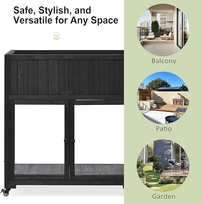 Patio 35.4"x17.7"x37.4" Mini Wood Cold Frame, Compact 2 Doors Garden Greenhouse with Wheels, Raised Bed with Liner for Indoor Outdoor Use, Black