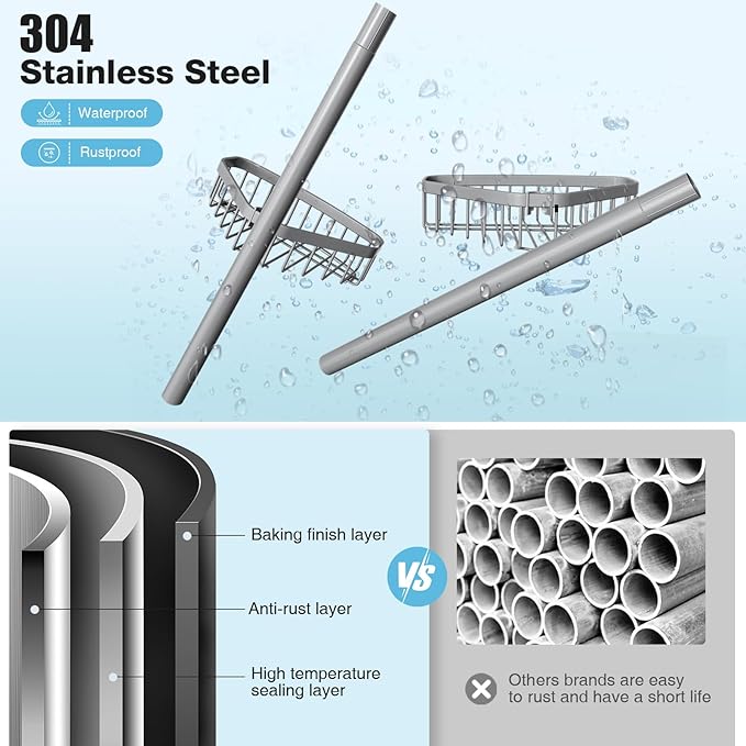 Corner Shower Caddy Tension Pole: Stainless Steel Rustproof 4-Tier Shower Organizer - 47-121 inch Adjustable Bathroom Shelves for Bathtub Shampoo Storage - Tension Rod Floor Standing Bath Rack