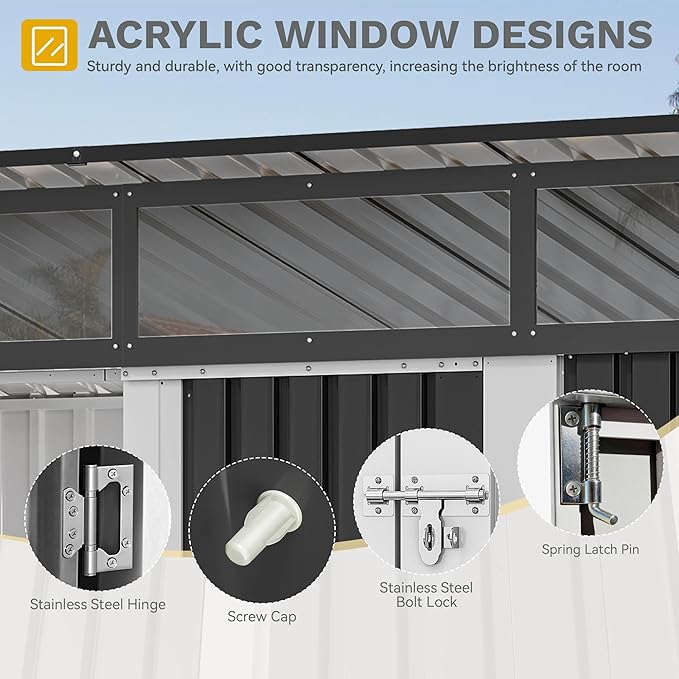 DWVO 9x4 FT Outdoor Storage Shed with Acrylic Windows, Utility Tool Shed Metal Storage Garden Shed with Door & Lock for Bike Storage, Waterproof Trash Shed for Backyard Garden Patio, Dark Dray