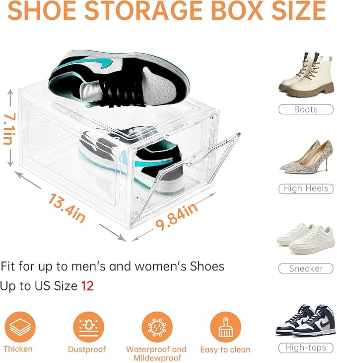 6 Pack Large Shoe Storage Box, Clear Shoe Storage Organizer with Magnetic Door, Stackable,Shoe Containers For Display Sneakers, Easy Assembly, Fit up to US Size 12, Clear