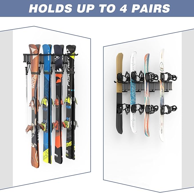 WALMANN Garage Storage Organization Wall Ski Rack 4 Pairs of Skis Mount Ski Hanger for Garage Snowboard Wall Rack Holds Up to 200 lbs