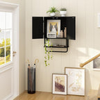 RUSTOWN Fluted Bathroom Wall Cabinet with 2 Doors, 3-Tier Modern Farmhouse Medicine Cabinet, Over The Toilet Storage Cabinet with Adjustable Shelf and Towel Bar(Black, Small)