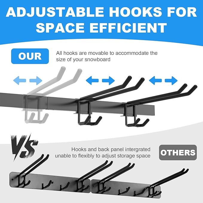 Ski Rack Wall Mount,10 Pairs Ski Holders for Wall with Movable Rubber-Coated Hooks for Garage Storage Organizer System,Snowboard Wall Mount for Garage and Home Shed, Holds Up to 600lbs