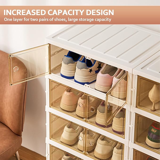 Foldable Shoe Rack Organize 6 Tier Plastic Shoe Shelf, 12 Pairs Collapsible Shoes Storage Bins, Large Folding Shoe Boxes for Closet with Doors, Stackable Storage Shoe Cabinet
