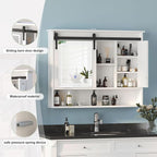 Farmhouse Lighted Medicine Cabinet with Mirror,Sliding Barn Door Mirrored Medicine Cabinet for Bathroom,3-Color Memory LED Medicine Cabinets Mirror Wall Mounted for Kitchen/Laundry,28x35