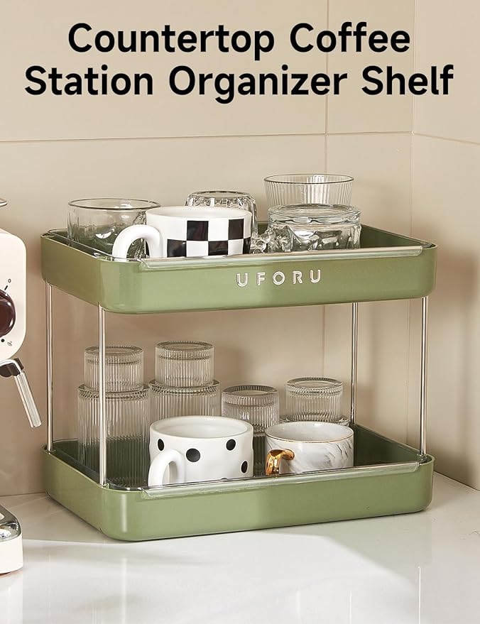 Countertop Coffee Station Organizer | 2-Tier Whisky Glass Tray, Mug Drying Shelf with Removable Drain Tray - Easy to Install, Clean - Spice Rack for Kitchen, Bathroom Counter Organzier