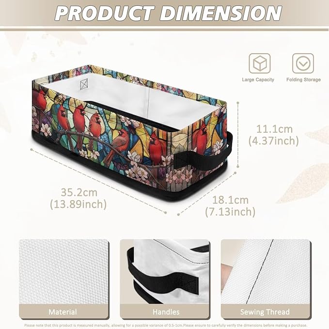 Toilet Paper Storage Basket for Organizing Collapsible Storage Bin Organizer Fabric Basket with Handles for Bathroom Essentials Cosmetics, American Cardinal Red Bird Stained Glass Flower