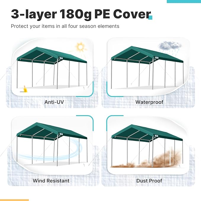 ADVANCE OUTDOOR 10x20 ft Heavy Duty Carport, Adjustable Height Garage Car Canopy Party Tent Boat Shelter, Green