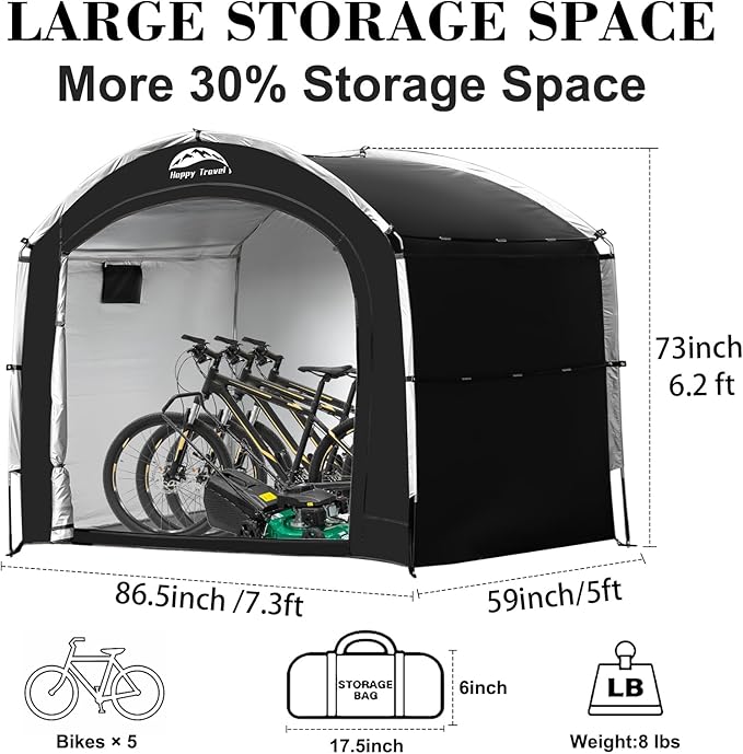 Happy Travel Bike Storage Tent Shed, Outdoor Waterproof Bicycle Covers Shelter with Window for 2/3/4/6/8 Bikes,Oversized Outside Portable Sheds for Lawn Mower,Garden Tools