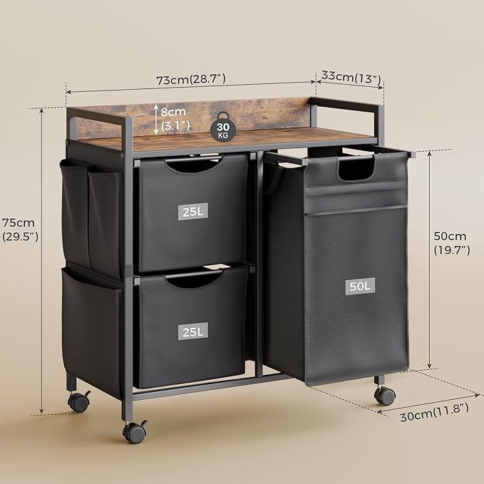 Laundry Sorter with 3 Sections, Laundry Hamper with Wheels, Laundry Basket with Small Side Pockets and Pull-Out Removable Liners,for Laundry Room Bedroom Bathroom (100L)