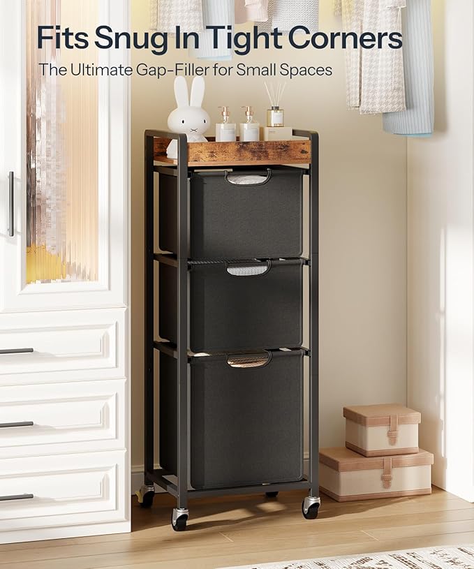HOOBRO Vertical Laundry Hamper with Wheels, Slim 3 Section Laundry Sorter, Space Saving Rolling Laundry Cart with Removable Bags & Shelf, Laundry Basket for Bathroom, Bedroom, Rustic Brown