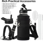 32 oz Insulated Water Bottle | Thickened Stainless Steel Vacuum Metal | Portable Sports Water Jug for Gym and Hiking with Straw, Carrier Bag, Handle Strap | BPA-Free 32 oz, Black